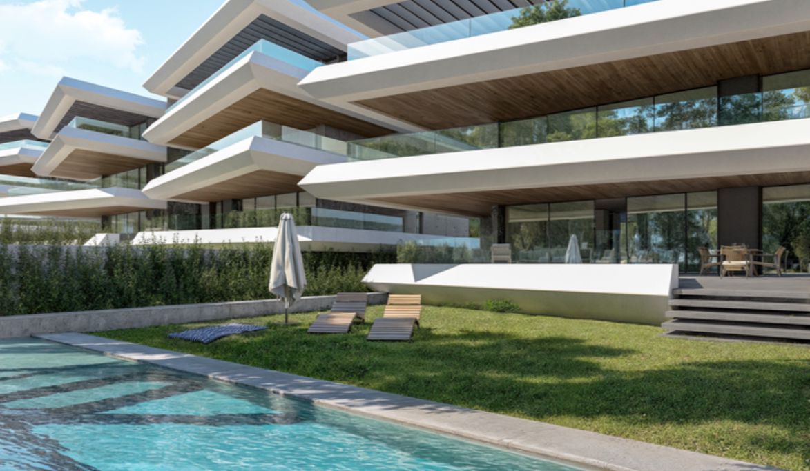 Gevel van Palm Residences Estepona met privézwembad en tuin