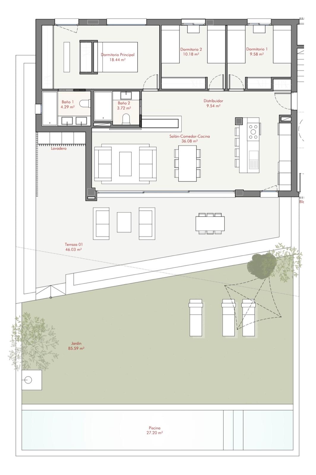 Plattegrond van Casa Estepona met drie slaapkamers, terras, tuin en zwembad